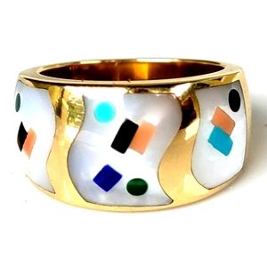 14k Gold Band Ring Lapis Turquoise Malachite MOP Coral Onyx Estate Jewelry 12g